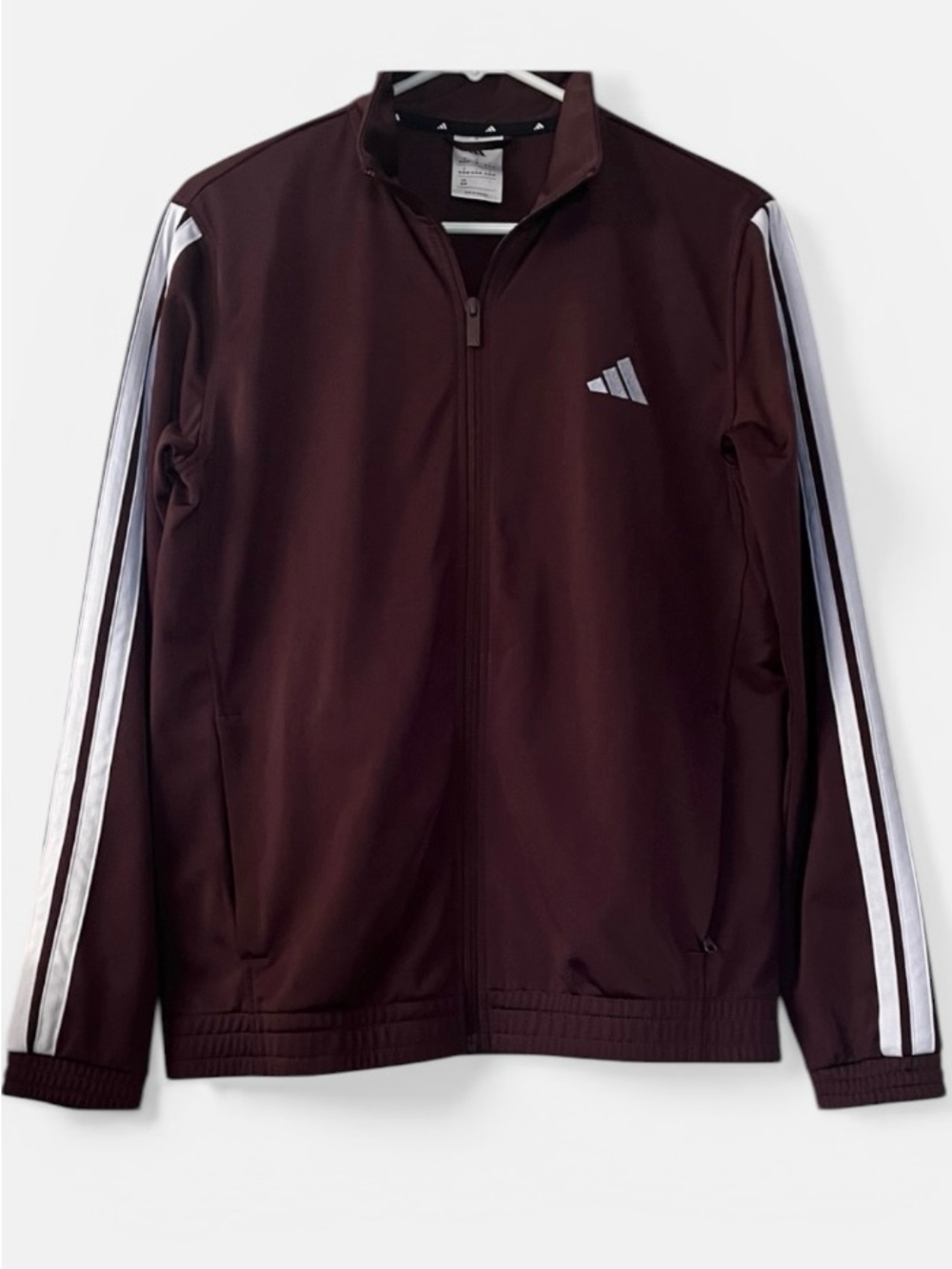 adidas Men's Maroon/burgundy Track Jacket with White Stripes. Size medium.